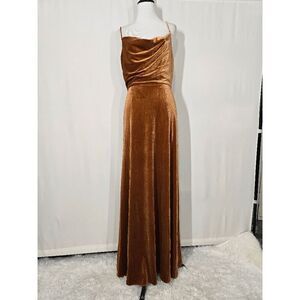 After Six Golden Almond Style 1541 Cowl-Neck Lux Velvet Maxi Dress Size 4R